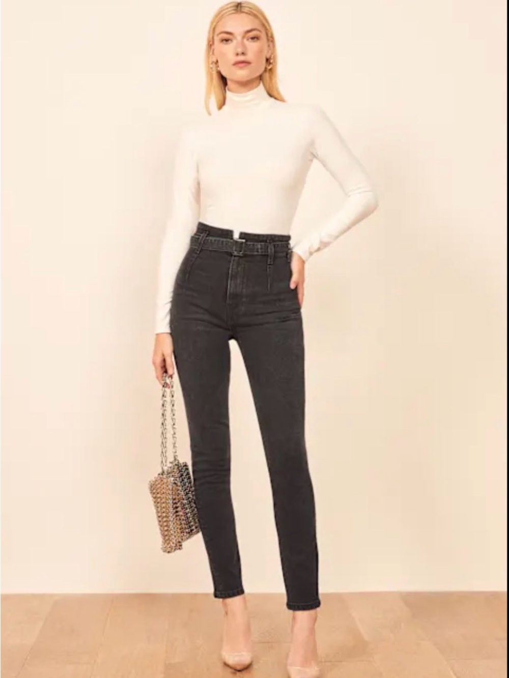 Reformation Kayo High Skinny Jeans Eerie Black Paperbag Belted Size 25
